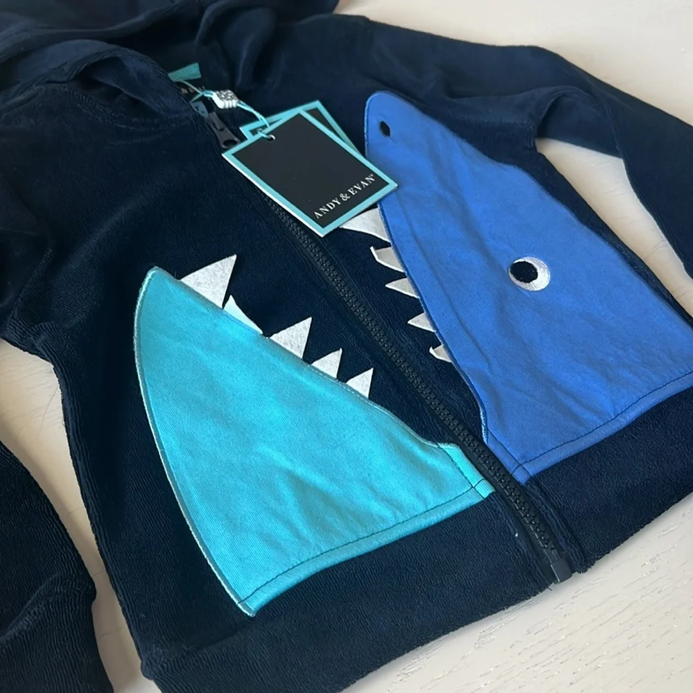 Andy & Evan Boys Matching Set Terry Sharks Hoodie Shorts 2T 5